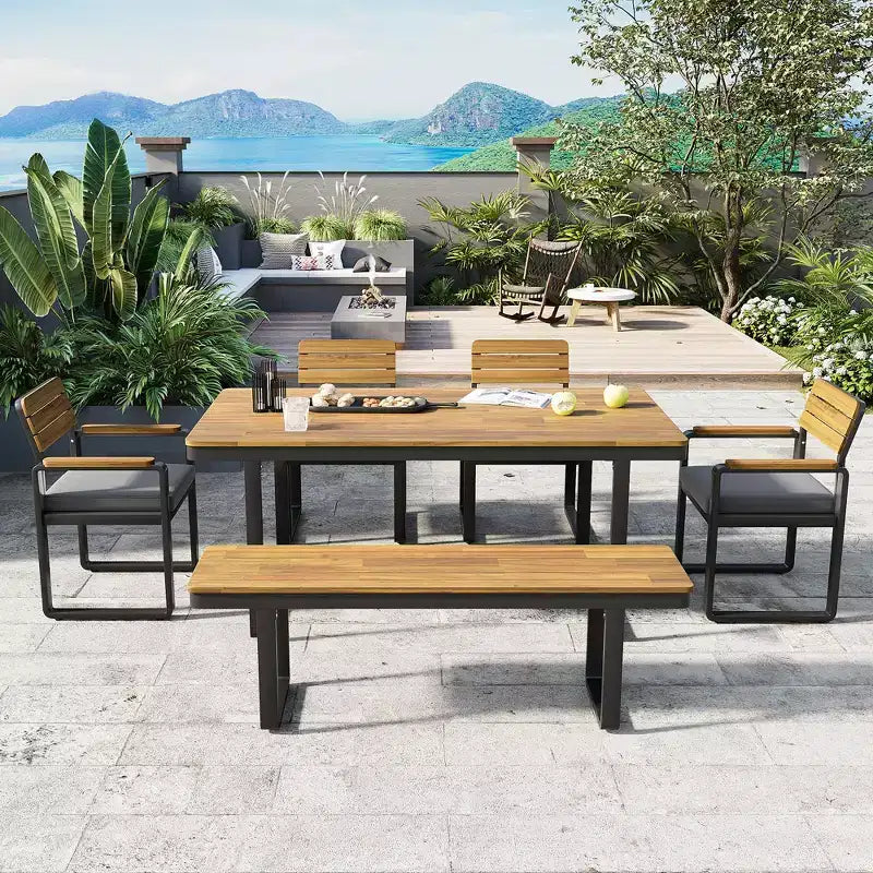 ModernLuxe Set da pranzo da esterno 6 pezzi per 6-7 persone, Set mobili da giardino Tavolo e sedie da pranzo con cuscini e Struttura resistente alle intemperie