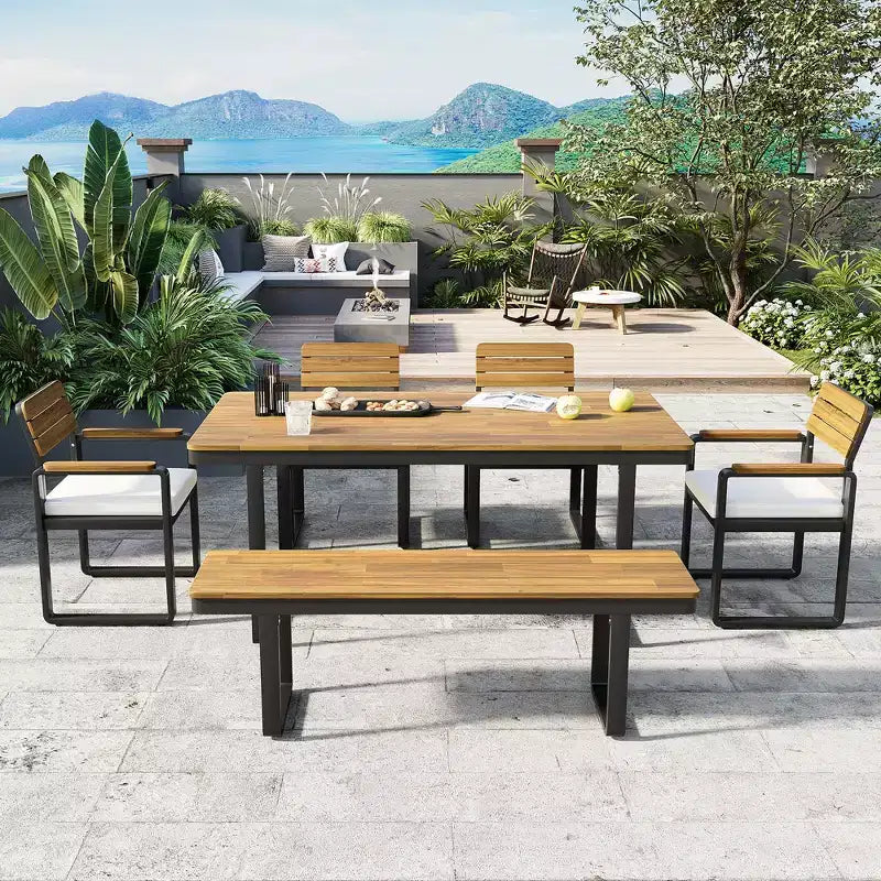 ModernLuxe Set da pranzo da esterno 6 pezzi per 6-7 persone, Set mobili da giardino Tavolo e sedie da pranzo con cuscini e Struttura resistente alle intemperie