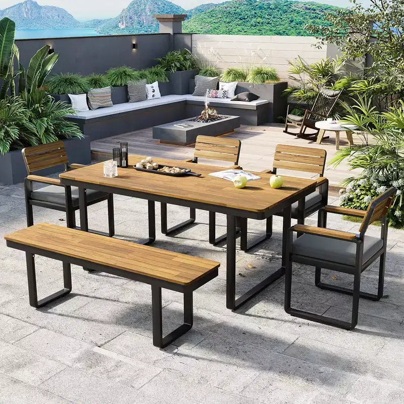 ModernLuxe Set da pranzo da esterno 6 pezzi per 6-7 persone, Set mobili da giardino Tavolo e sedie da pranzo con cuscini e Struttura resistente alle intemperie