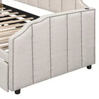 Letto a giorno imbottito ModernLuxe da una piazza a king size con letto estraibile a scomparsa e porte di ricarica USB, tessuto in lino, capacità 180 kg