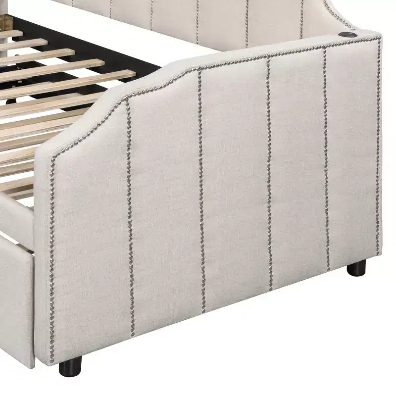 Letto a giorno imbottito ModernLuxe da una piazza a king size con letto estraibile a scomparsa e porte di ricarica USB, tessuto in lino, capacità 180 kg
