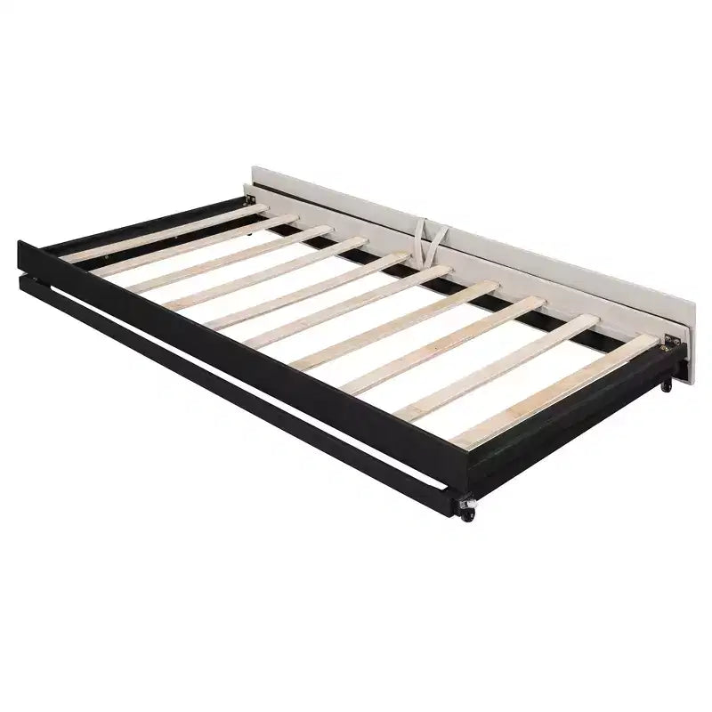 Letto a giorno imbottito ModernLuxe da una piazza a king size con letto estraibile a scomparsa e porte di ricarica USB, tessuto in lino, capacità 180 kg