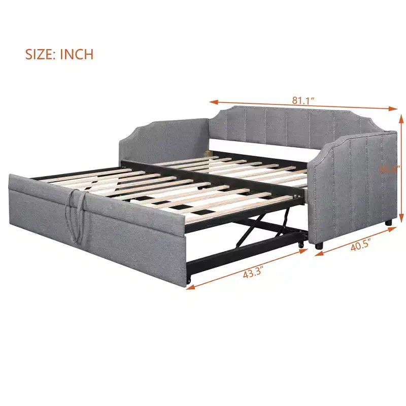 Letto a giorno imbottito ModernLuxe da una piazza a king size con letto estraibile a scomparsa e porte di ricarica USB, tessuto in lino, capacità 180 kg