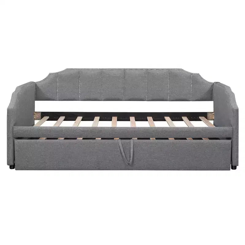 Letto a giorno imbottito ModernLuxe da una piazza a king size con letto estraibile a scomparsa e porte di ricarica USB, tessuto in lino, capacità 180 kg