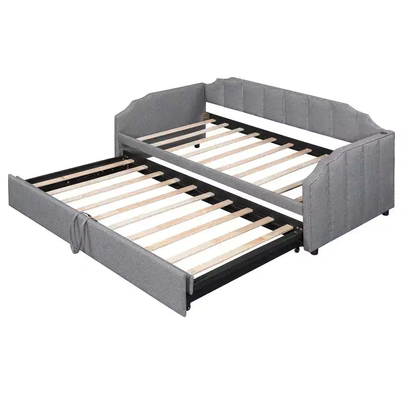 Letto a giorno imbottito ModernLuxe da una piazza a king size con letto estraibile a scomparsa e porte di ricarica USB, tessuto in lino, capacità 180 kg
