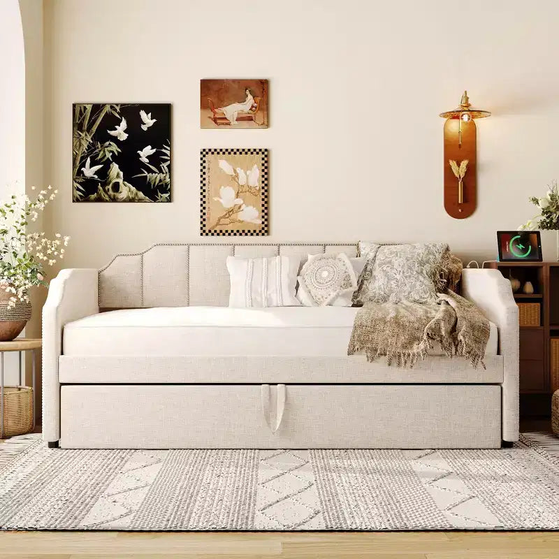 Letto a giorno imbottito ModernLuxe da una piazza a king size con letto estraibile a scomparsa e porte di ricarica USB, tessuto in lino, capacità 180 kg