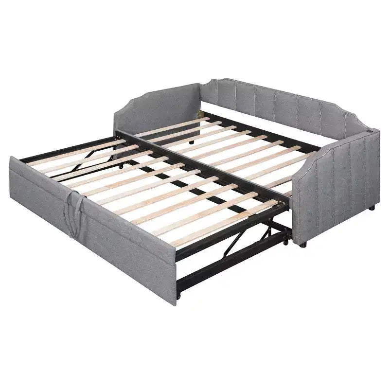 Letto a giorno imbottito ModernLuxe da una piazza a king size con letto estraibile a scomparsa e porte di ricarica USB, tessuto in lino, capacità 180 kg