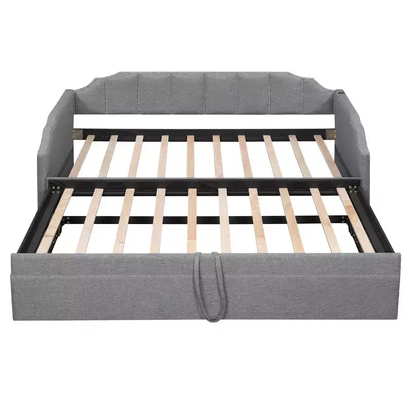 Letto a giorno imbottito ModernLuxe da una piazza a king size con letto estraibile a scomparsa e porte di ricarica USB, tessuto in lino, capacità 180 kg