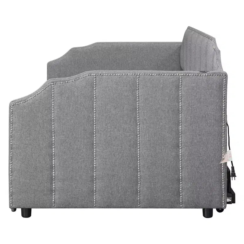 Letto a giorno imbottito ModernLuxe da una piazza a king size con letto estraibile a scomparsa e porte di ricarica USB, tessuto in lino, capacità 180 kg