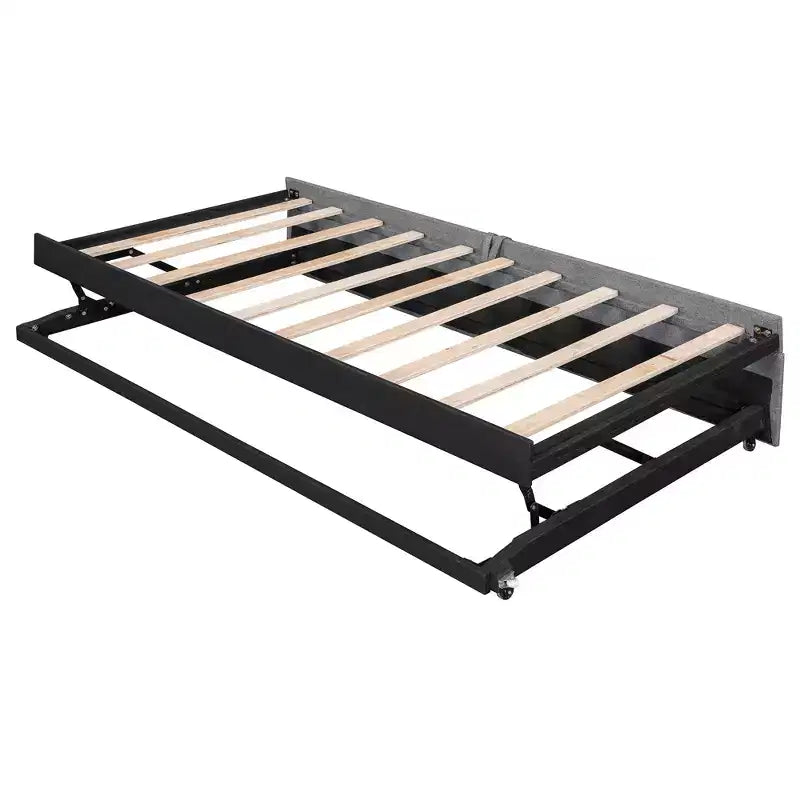 Letto a giorno imbottito ModernLuxe da una piazza a king size con letto estraibile a scomparsa e porte di ricarica USB, tessuto in lino, capacità 180 kg
