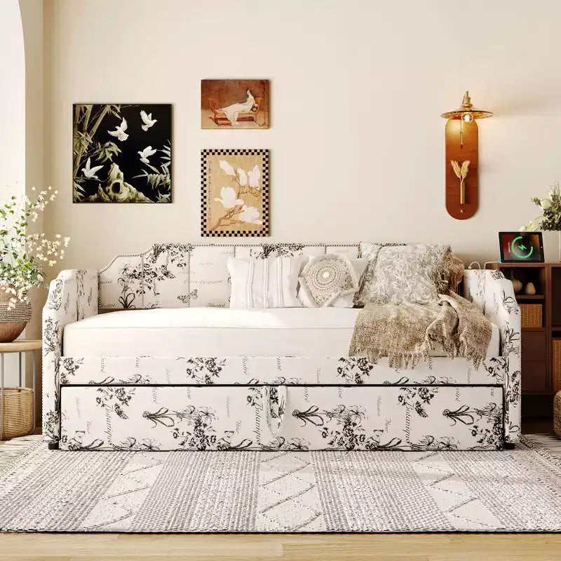Letto a giorno imbottito ModernLuxe da una piazza a king size con letto estraibile a scomparsa e porte di ricarica USB, tessuto in lino, capacità 180 kg