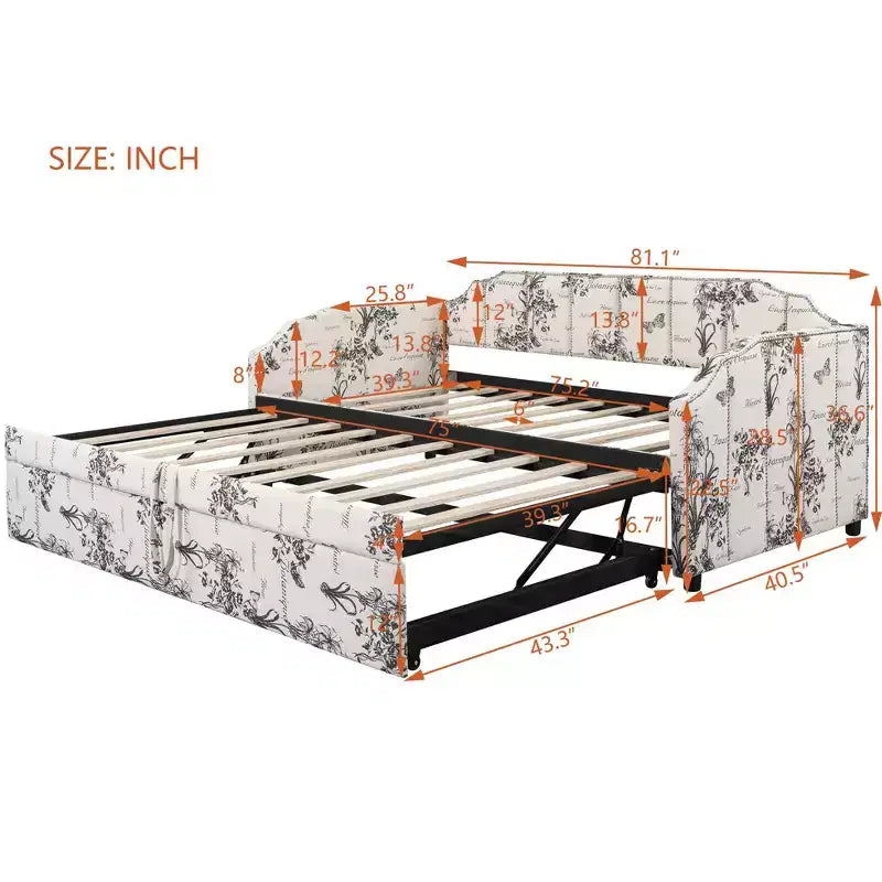 Letto a giorno imbottito ModernLuxe da una piazza a king size con letto estraibile a scomparsa e porte di ricarica USB, tessuto in lino, capacità 180 kg