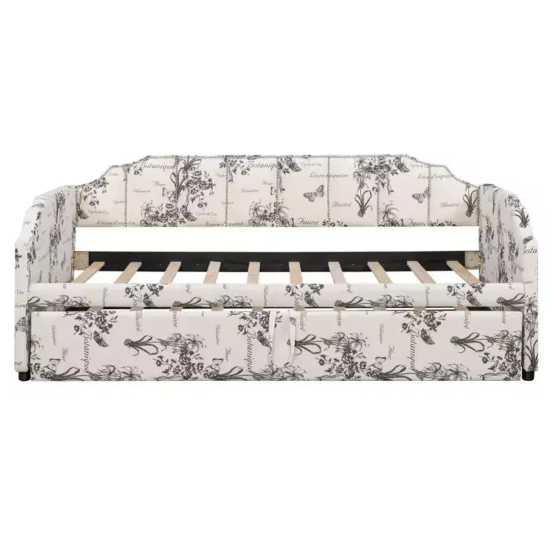 Letto a giorno imbottito ModernLuxe da una piazza a king size con letto estraibile a scomparsa e porte di ricarica USB, tessuto in lino, capacità 180 kg