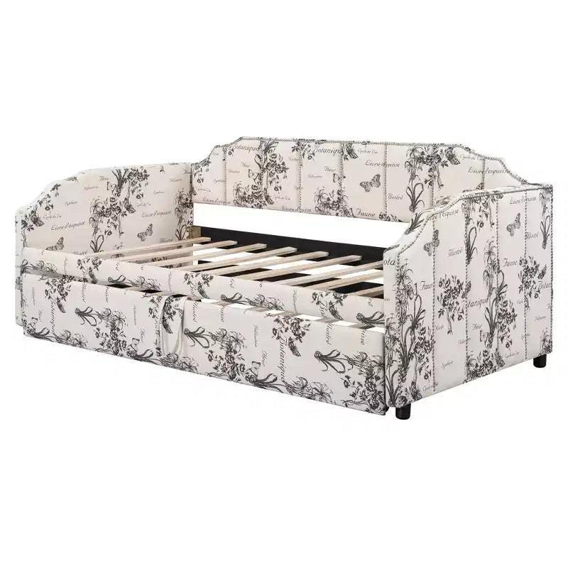 Letto a giorno imbottito ModernLuxe da una piazza a king size con letto estraibile a scomparsa e porte di ricarica USB, tessuto in lino, capacità 180 kg