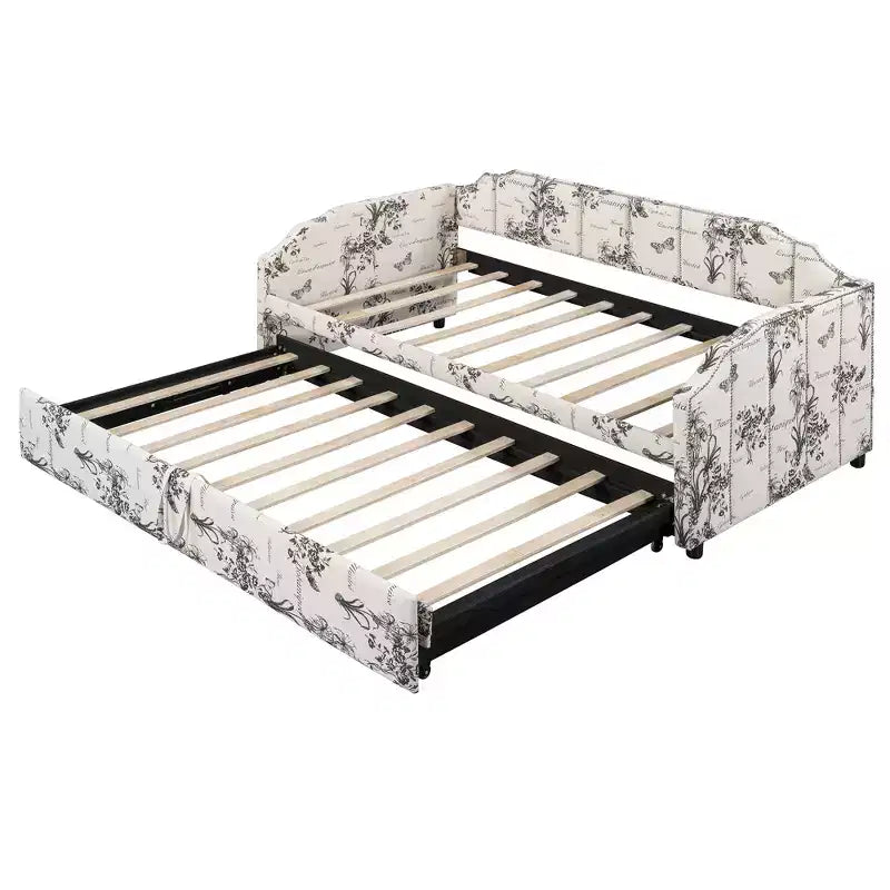 Letto a giorno imbottito ModernLuxe da una piazza a king size con letto estraibile a scomparsa e porte di ricarica USB, tessuto in lino, capacità 180 kg