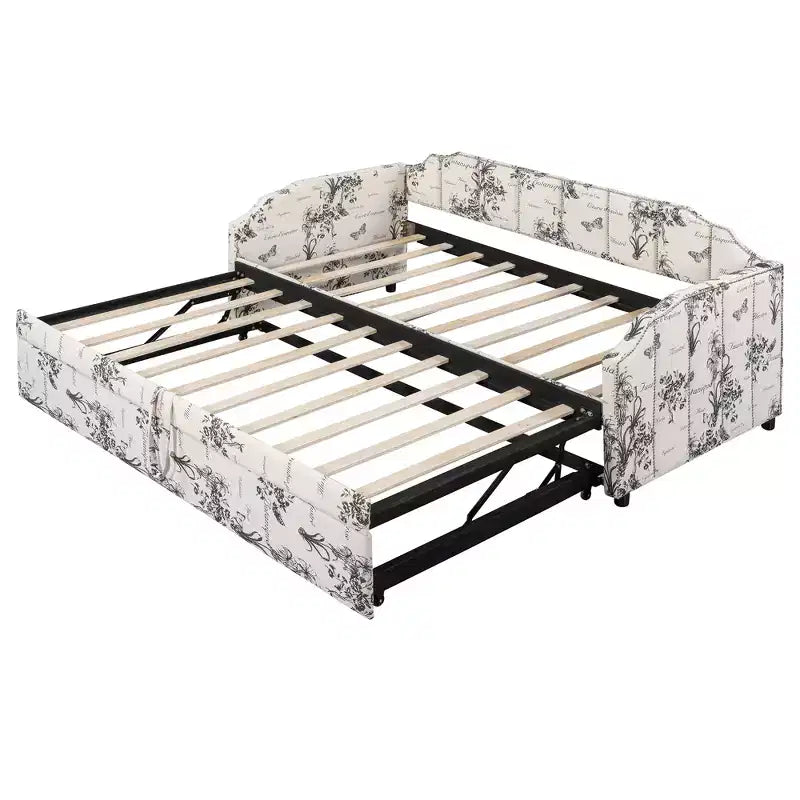 Letto a giorno imbottito ModernLuxe da una piazza a king size con letto estraibile a scomparsa e porte di ricarica USB, tessuto in lino, capacità 180 kg