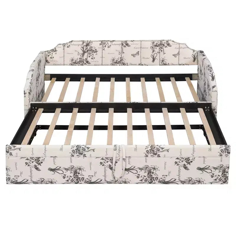 Letto a giorno imbottito ModernLuxe da una piazza a king size con letto estraibile a scomparsa e porte di ricarica USB, tessuto in lino, capacità 180 kg