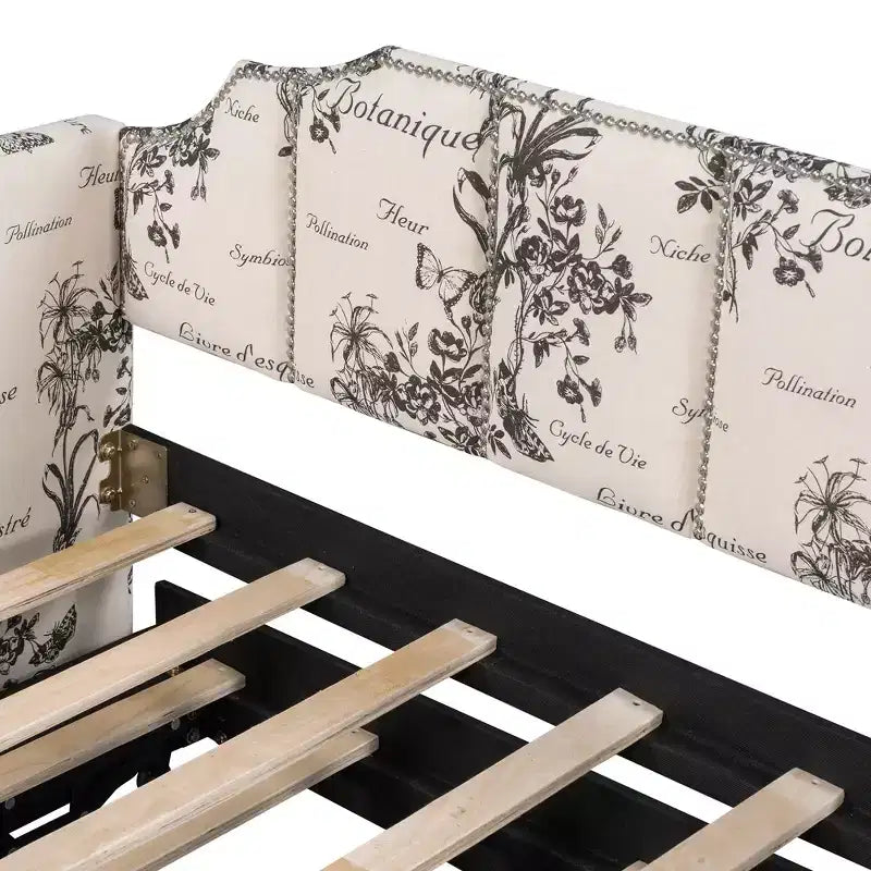 Letto a giorno imbottito ModernLuxe da una piazza a king size con letto estraibile a scomparsa e porte di ricarica USB, tessuto in lino, capacità 180 kg