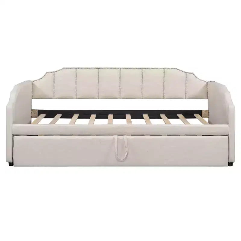 Letto a giorno imbottito ModernLuxe da una piazza a king size con letto estraibile a scomparsa e porte di ricarica USB, tessuto in lino, capacità 180 kg