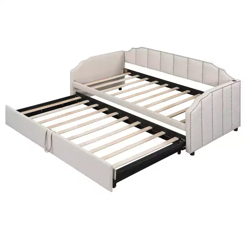 Letto a giorno imbottito ModernLuxe da una piazza a king size con letto estraibile a scomparsa e porte di ricarica USB, tessuto in lino, capacità 180 kg
