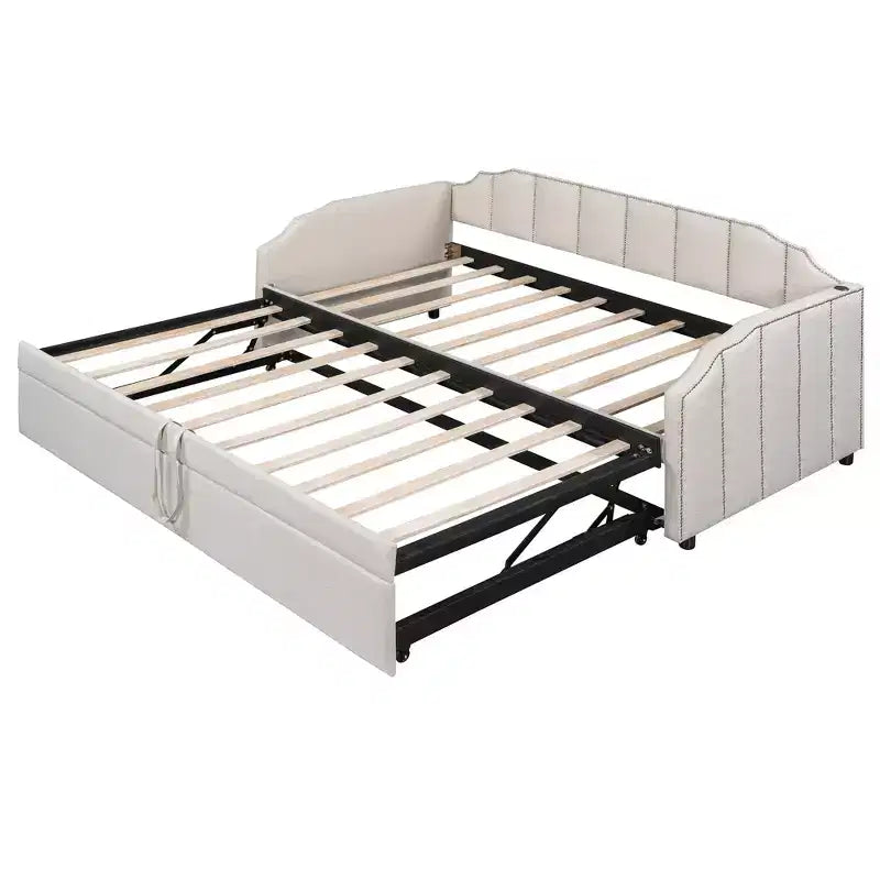 Letto a giorno imbottito ModernLuxe da una piazza a king size con letto estraibile a scomparsa e porte di ricarica USB, tessuto in lino, capacità 180 kg