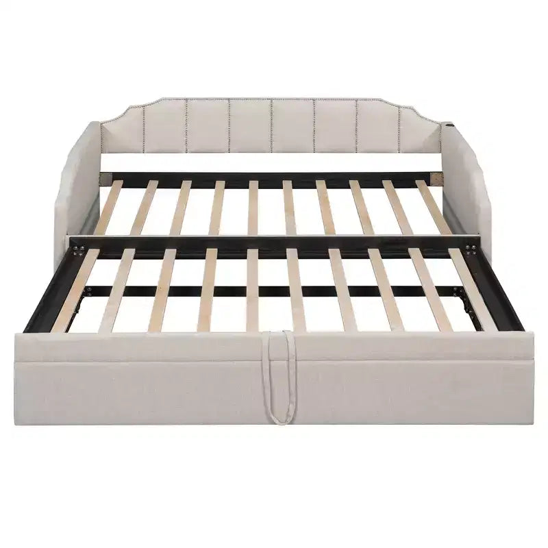 Letto a giorno imbottito ModernLuxe da una piazza a king size con letto estraibile a scomparsa e porte di ricarica USB, tessuto in lino, capacità 180 kg
