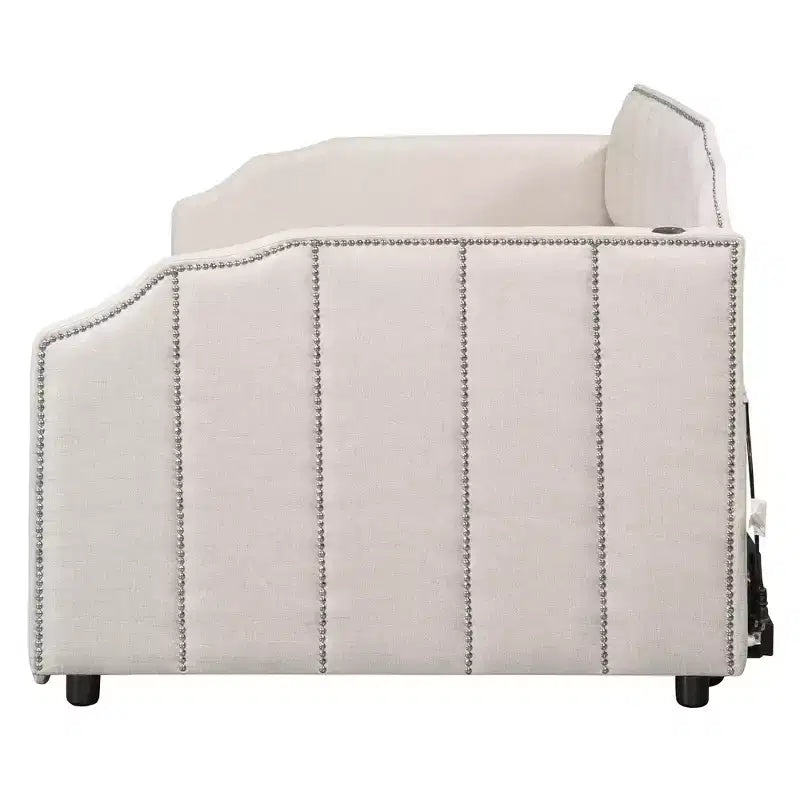Letto a giorno imbottito ModernLuxe da una piazza a king size con letto estraibile a scomparsa e porte di ricarica USB, tessuto in lino, capacità 180 kg