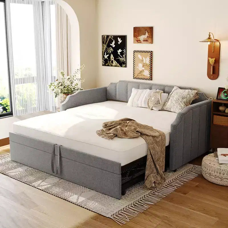 Letto a giorno imbottito ModernLuxe da una piazza a king size con letto estraibile a scomparsa e porte di ricarica USB, tessuto in lino, capacità 180 kg