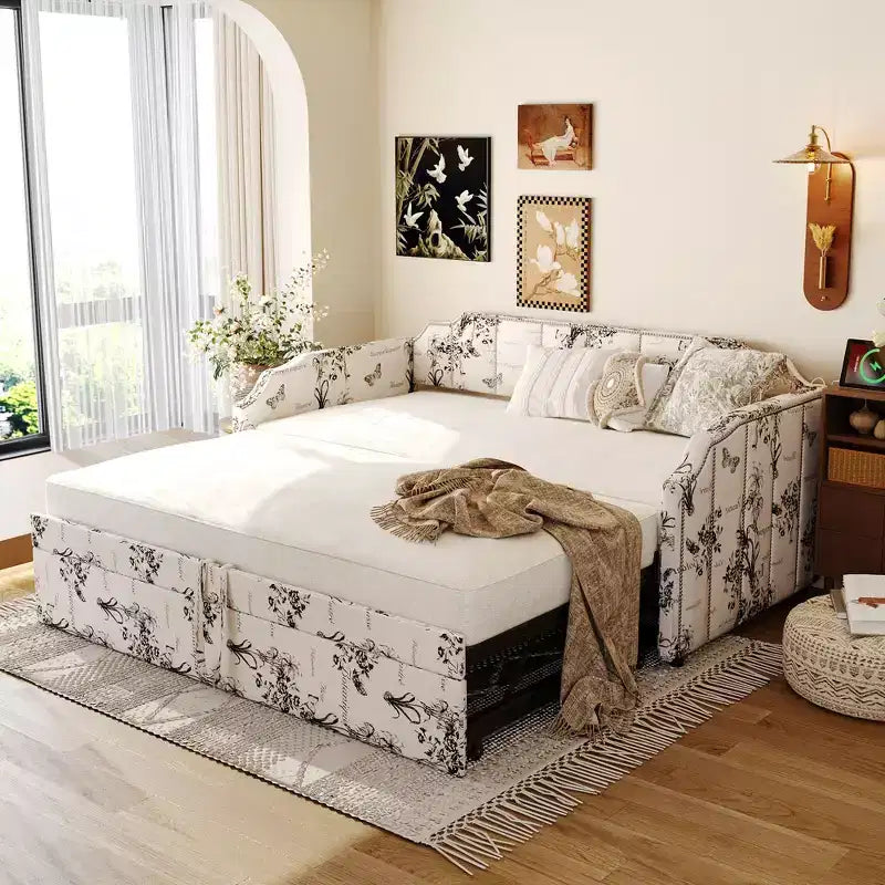 Letto a giorno imbottito ModernLuxe da una piazza a king size con letto estraibile a scomparsa e porte di ricarica USB, tessuto in lino, capacità 180 kg