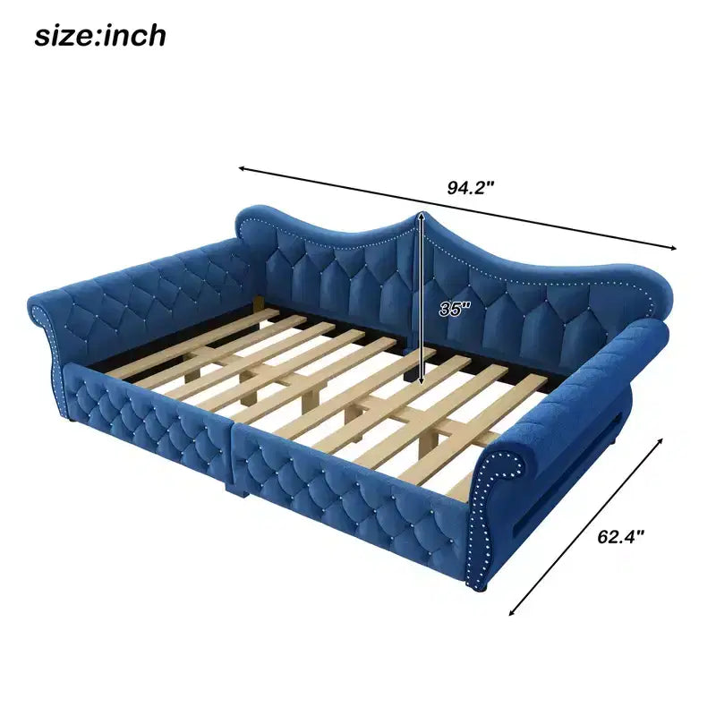 Divano Letto Imbottito ModernLuxe Queen Size con Illuminazione a LED, Rivetti e Schienale in Lino Trapuntato