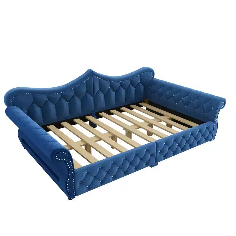 Divano Letto Imbottito ModernLuxe Queen Size con Illuminazione a LED, Rivetti e Schienale in Lino Trapuntato
