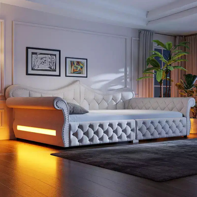 Divano Letto Imbottito ModernLuxe Queen Size con Illuminazione a LED, Rivetti e Schienale in Lino Trapuntato