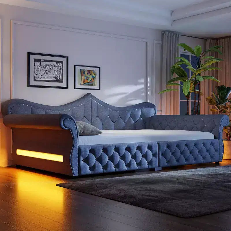 Divano Letto Imbottito ModernLuxe Queen Size con Illuminazione a LED, Rivetti e Schienale in Lino Trapuntato