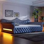 Divano Letto Imbottito ModernLuxe Queen Size con Illuminazione a LED, Rivetti e Schienale in Lino Trapuntato