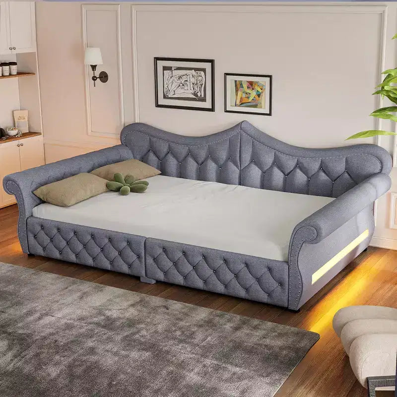 Divano Letto Imbottito ModernLuxe Queen Size con Illuminazione a LED, Rivetti e Schienale in Lino Trapuntato