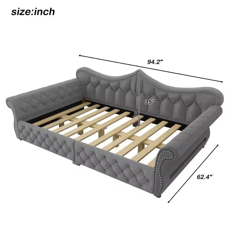 Divano Letto Imbottito ModernLuxe Queen Size con Illuminazione a LED, Rivetti e Schienale in Lino Trapuntato