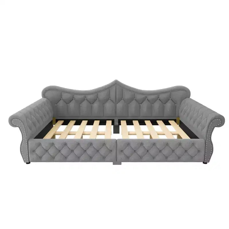 Divano Letto Imbottito ModernLuxe Queen Size con Illuminazione a LED, Rivetti e Schienale in Lino Trapuntato