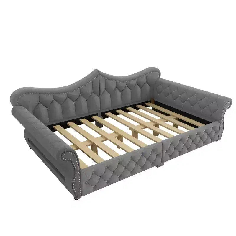 Divano Letto Imbottito ModernLuxe Queen Size con Illuminazione a LED, Rivetti e Schienale in Lino Trapuntato