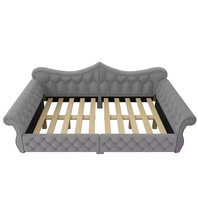 Divano Letto Imbottito ModernLuxe Queen Size con Illuminazione a LED, Rivetti e Schienale in Lino Trapuntato