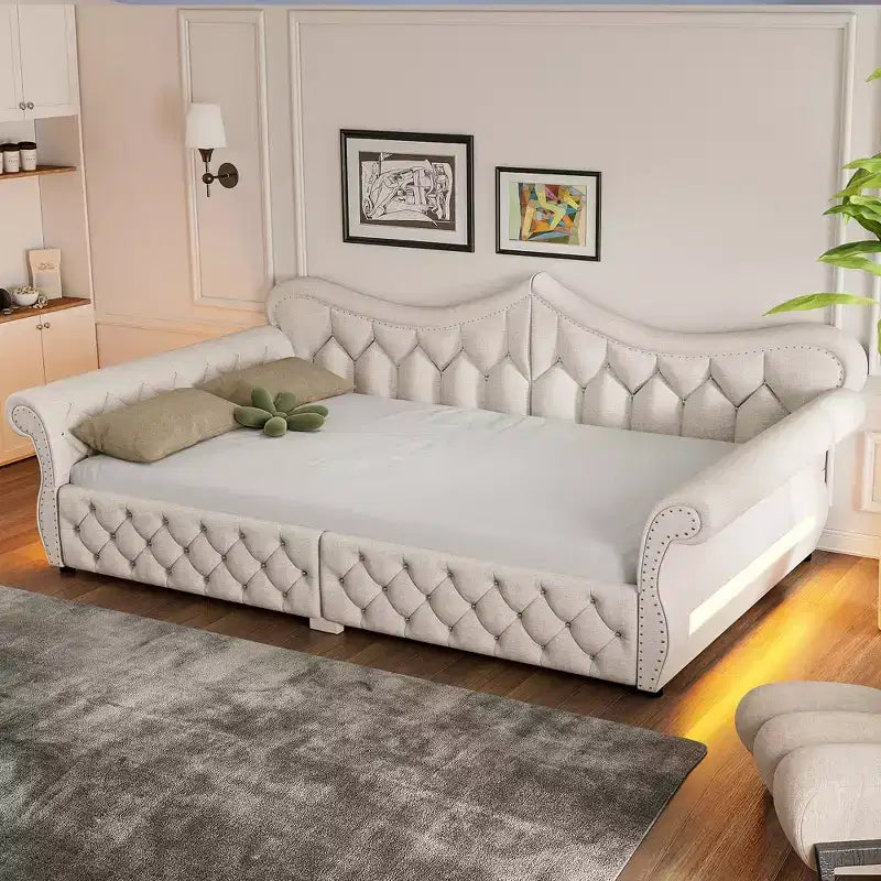 Divano Letto Imbottito ModernLuxe Queen Size con Illuminazione a LED, Rivetti e Schienale in Lino Trapuntato