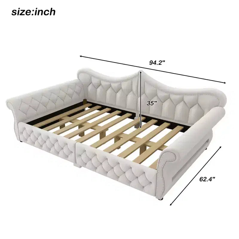 Divano Letto Imbottito ModernLuxe Queen Size con Illuminazione a LED, Rivetti e Schienale in Lino Trapuntato