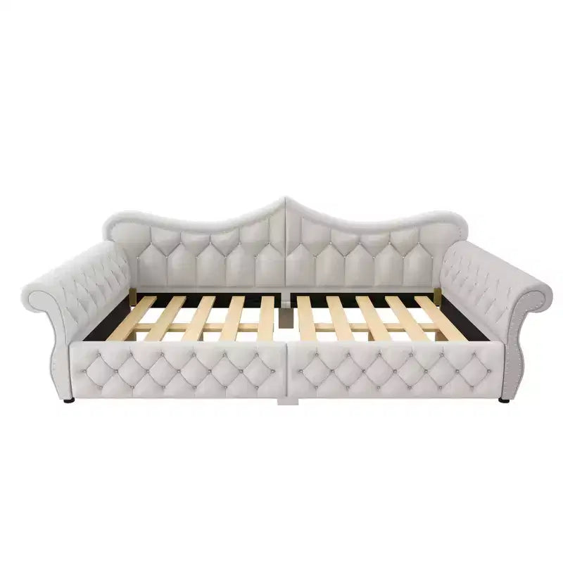 Divano Letto Imbottito ModernLuxe Queen Size con Illuminazione a LED, Rivetti e Schienale in Lino Trapuntato