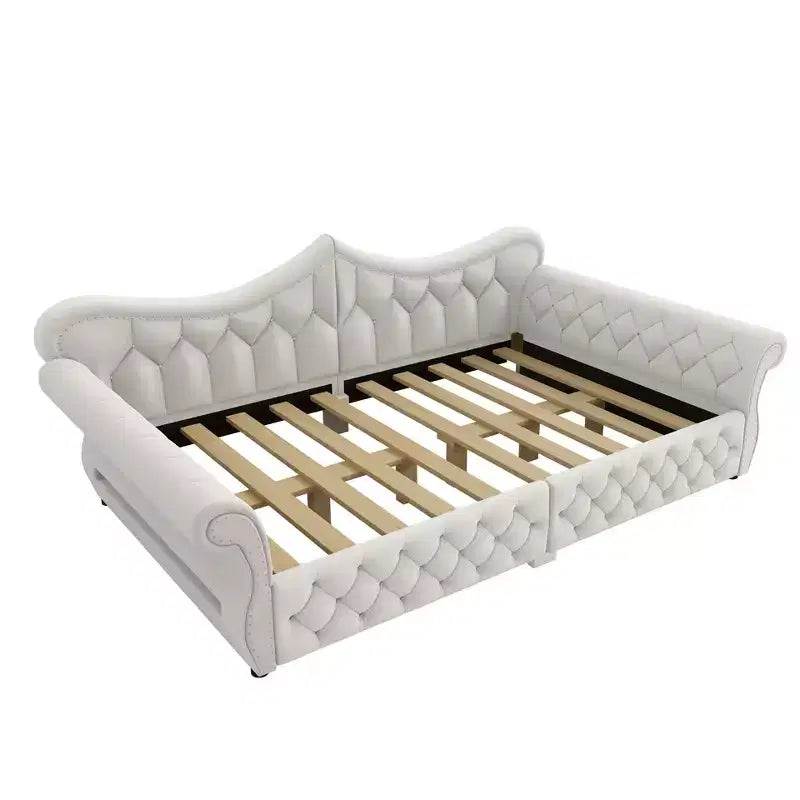 Divano Letto Imbottito ModernLuxe Queen Size con Illuminazione a LED, Rivetti e Schienale in Lino Trapuntato