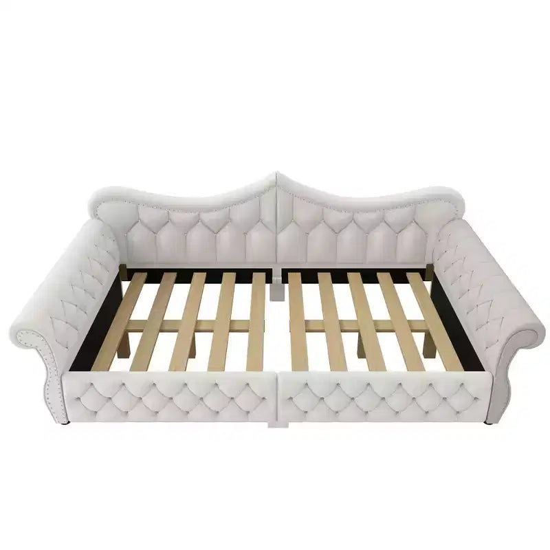 Divano Letto Imbottito ModernLuxe Queen Size con Illuminazione a LED, Rivetti e Schienale in Lino Trapuntato
