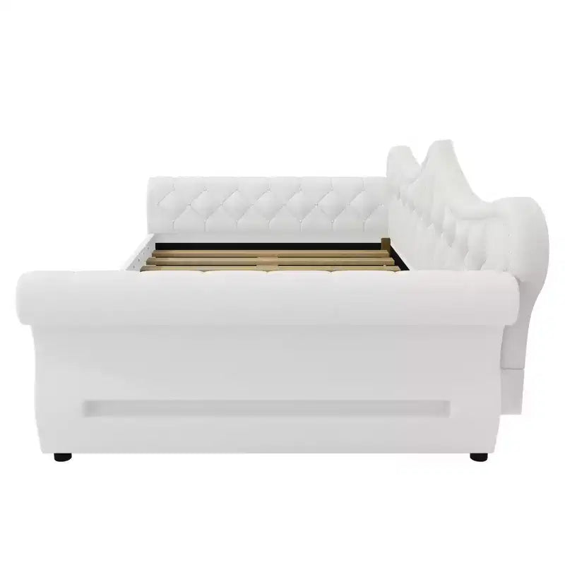 Divano Letto Imbottito ModernLuxe Queen Size con Illuminazione a LED, Rivetti e Schienale in Lino Trapuntato