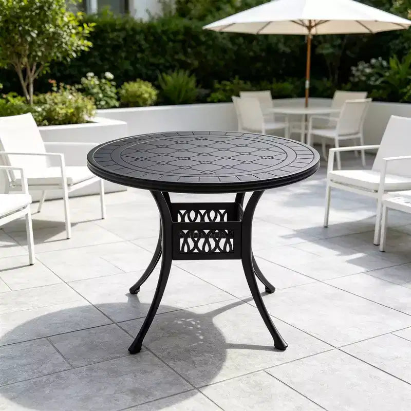 Cast Aluminum Patio Round Dining Table with Black Frame & Carved Tabletop