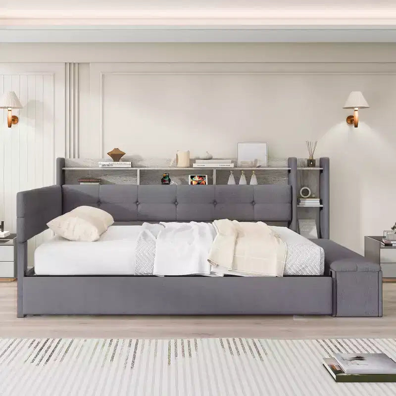 GDFStudio Divano Letto Hill con Rivestimento, Pouf Contenitore e Mensole, Letto Estraibile