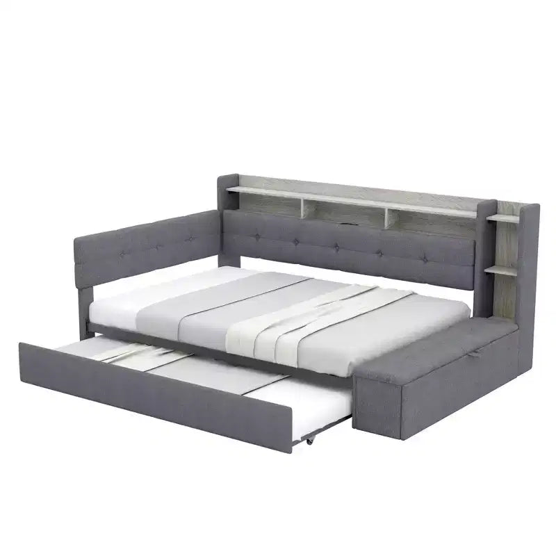 GDFStudio Divano Letto Hill con Rivestimento, Pouf Contenitore e Mensole, Letto Estraibile