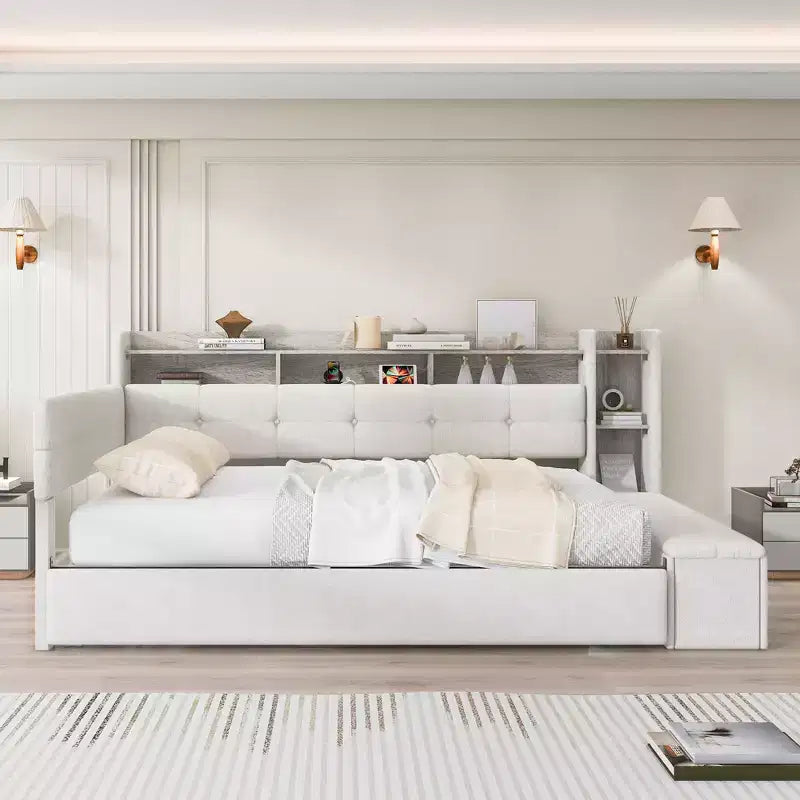 GDFStudio Divano Letto Hill con Rivestimento, Pouf Contenitore e Mensole, Letto Estraibile