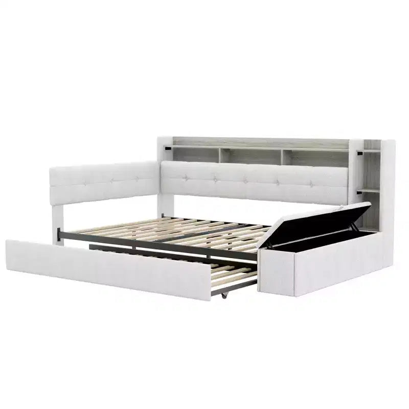 GDFStudio Divano Letto Hill con Rivestimento, Pouf Contenitore e Mensole, Letto Estraibile